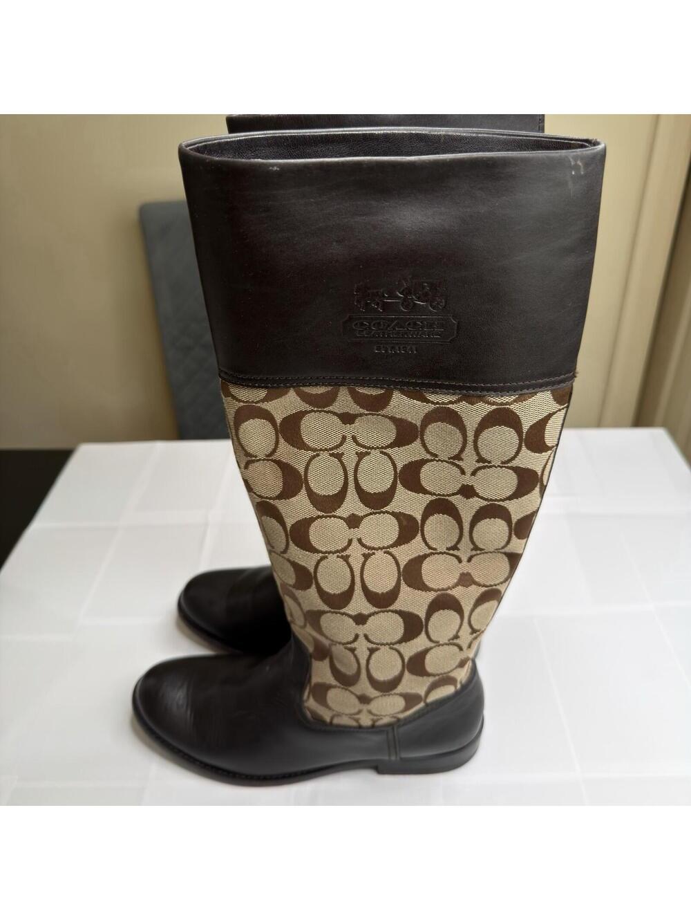 Size 6B Coach Chrissy Women’s  Signature C Riding Boots Brown Leather Canvas